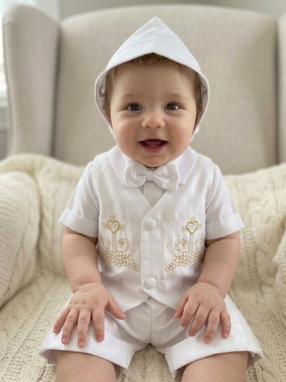 New White Christening Baptism shorts hat outfit for baby Boy Toddler(12-18 month